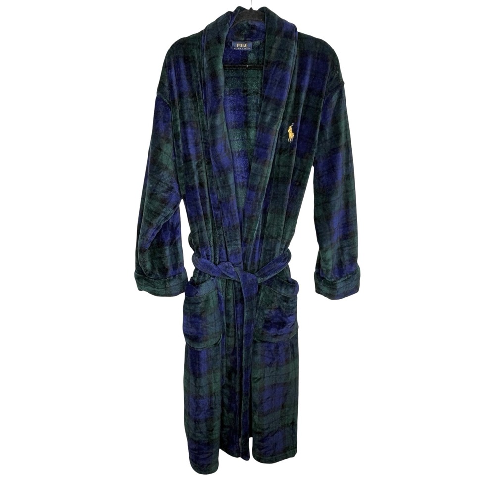 Polo Ralph Lauren Fleece Black Watch Plaid Robe One Size Tie Preppy Pony Winter
